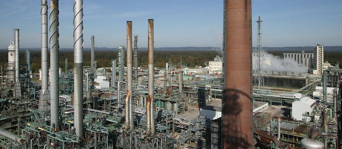 Eine Industrieanlage mit hohen Schornsteinen, Rohren und Strukturen vor einer Kulisse aus Bäumen und einem klaren Himmel.