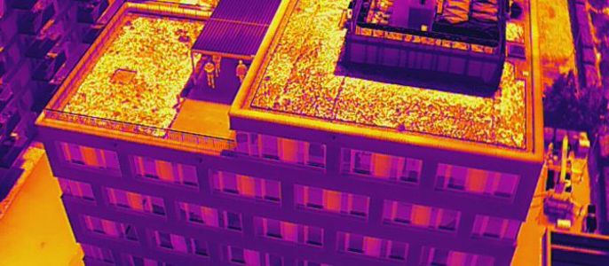 Ein mehrstöckiges Gebäude , umgeben von anderen Gebäuden und Fahrzeugen, aufgenommen mit einer Wärmekamera.