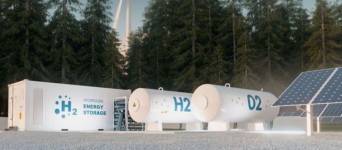 Eine moderne Anlage für erneuerbare Energien mit einer Windturbine, Sonnenkollektoren und großen zylindrischen Behältern mit den Bezeichnungen "H2" und "D2".