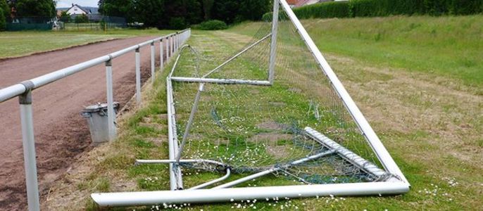 Ein auf dem Boden liegendes Fußballtor, dessen Netz und Rahmen demontiert sind, umgeben von einer mit weißen Blumen bewachsenen Wiese.