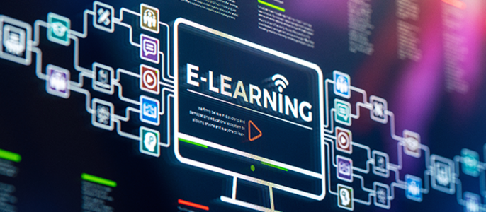 Eine digitale Darstellung von "E-Learning" mit verschiedenen Symbolen und Textinformationen an der Seite.