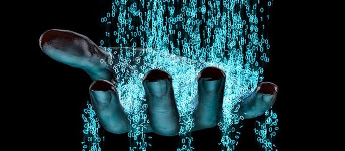 Eine ausgestreckte Hand auf die eine Kaskade blauer aus den Zahlen 1 und 0 bestehenden Partikel fällt, die ein Gefühl von Bewegung und Energie vermittelt.