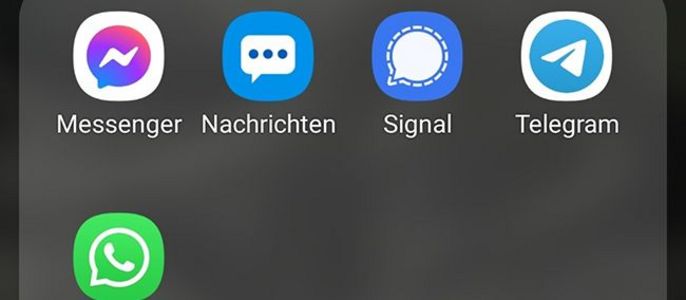 Eine Auswahl an Messaging-Apps, darunter Messenger, Nachrichten, Signal, Telegram und WhatsApp.