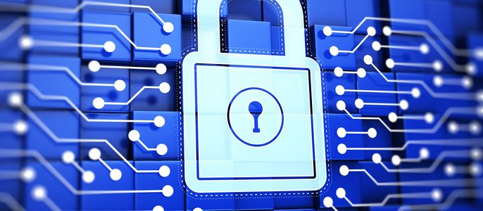 Ein digitales Vorhängeschloss-Symbol auf blauem Hintergrund, umgeben von weißen Schaltkreislinien.