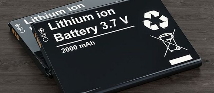 Ein schwarzer Akku mit der Aufschrift "Lithium-Ionen-Akku 3,7 V" mit einer Kapazität von 2000 mAh, begleitet von einem Recycling-Symbol.